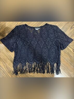 Fringe Hem Lightweight Black Metallic Top